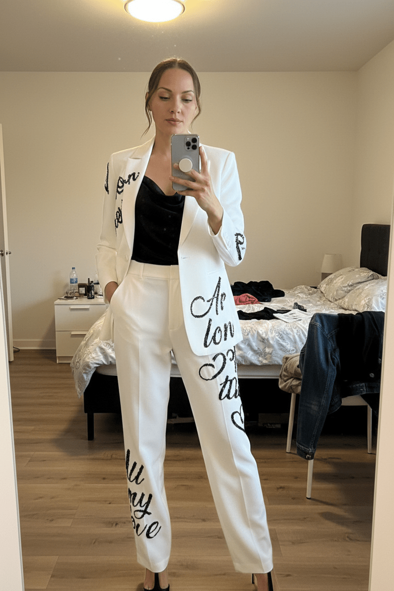 Tailored White Blazer & Pants Business Suit Set+BlackS(6)Luxe Lane