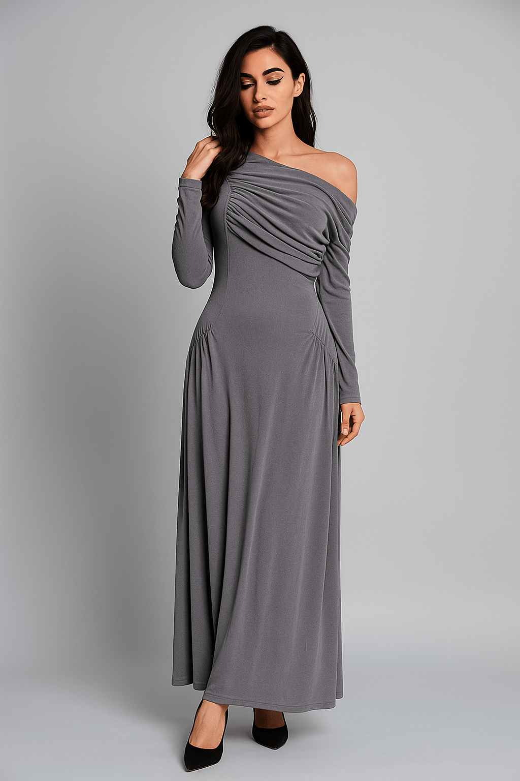 una Elégance Gown – Off Shoulder by Luxe Lane | a - line gown from Luxe Lane | SKU:  | Barcode:  | Options: Black S | una Elégance Gown – Off Shoulder