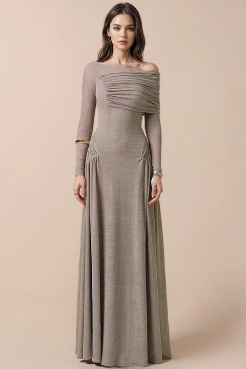 una Elégance Gown – Off Shoulder by Luxe Lane | a - line gown from Luxe Lane | SKU:  | Barcode:  | Options: Black S | Elegant Off Shoulder Long Sleeve Floor Length Evening Dresses Pleated a Line Gown Formal Wear for Party Women 2025