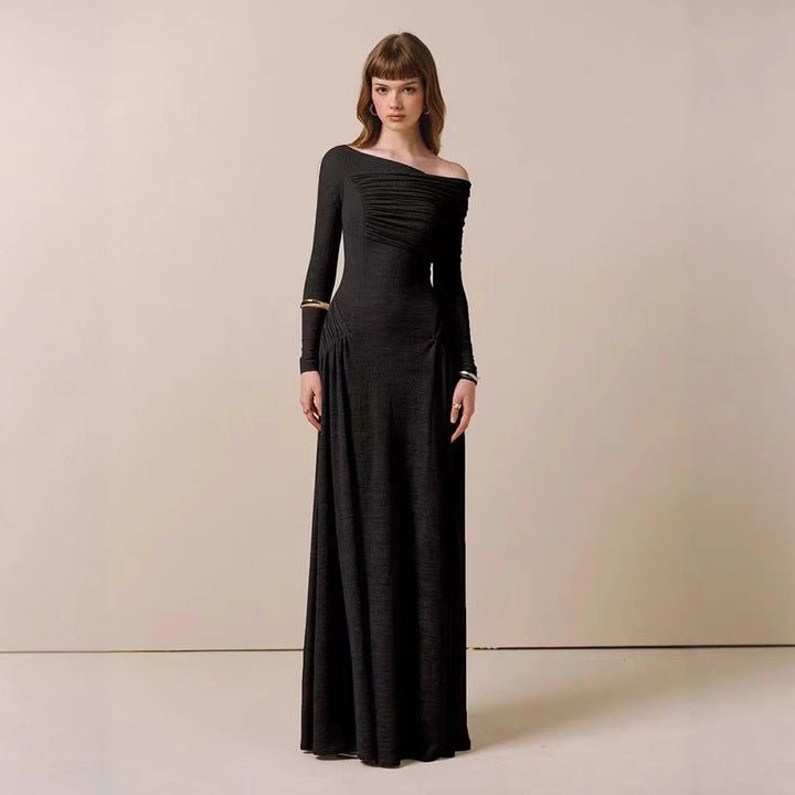 una Elégance Gown – Off Shoulder by Luxe Lane | a - line gown from Luxe Lane | SKU:  | Barcode:  | Options: Black S | Elegant Off Shoulder Long Sleeve Floor Length Evening Dresses Pleated a Line Gown Formal Wear for Party Women 2025