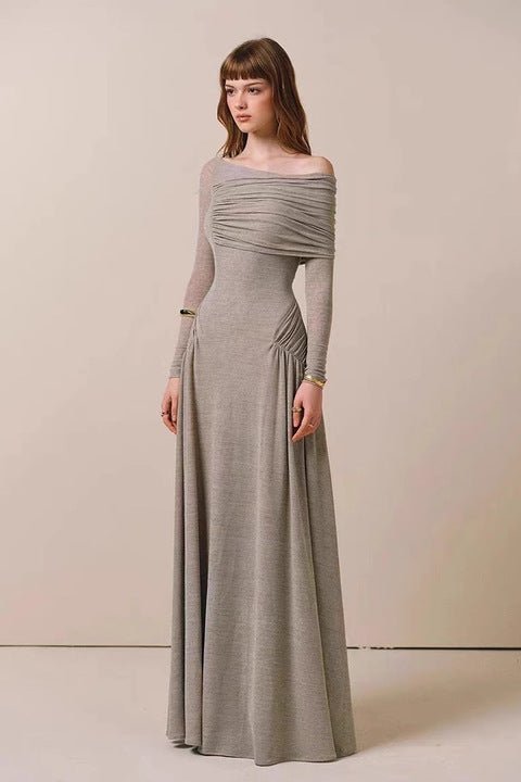 una Elégance Gown – Off Shoulder by Luxe Lane | a - line gown from Luxe Lane | SKU:  | Barcode:  | Options: Black S | Elegant Off Shoulder Long Sleeve Floor Length Evening Dresses Pleated a Line Gown Formal Wear for Party Women 2025