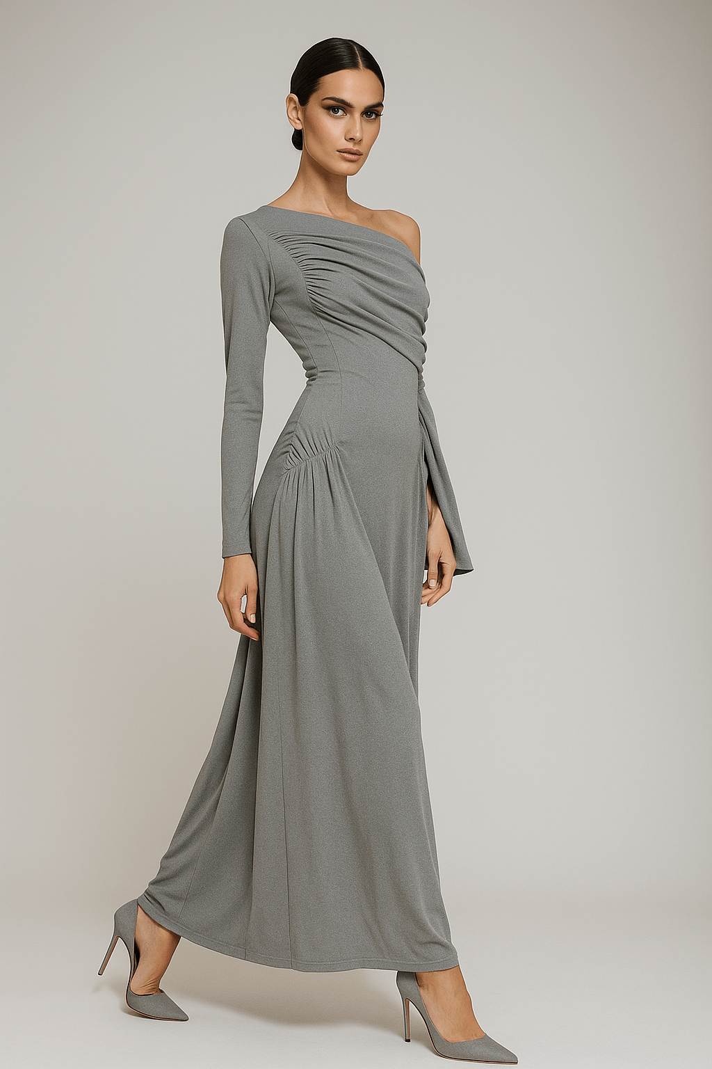 una Elégance Gown – Off Shoulder by Luxe Lane | a - line gown from Luxe Lane | SKU:  | Barcode:  | Options: Gray S | una Elégance Gown – Off Shoulder