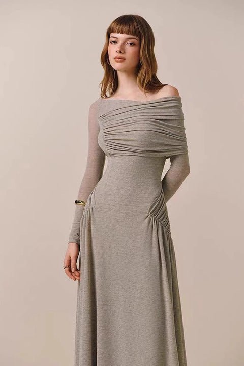una Elégance Gown – Off Shoulder by Luxe Lane | a - line gown from Luxe Lane | SKU:  | Barcode:  | Options: Gray S | Elegant Off Shoulder Long Sleeve Floor Length Evening Dresses Pleated a Line Gown Formal Wear for Party Women 2025
