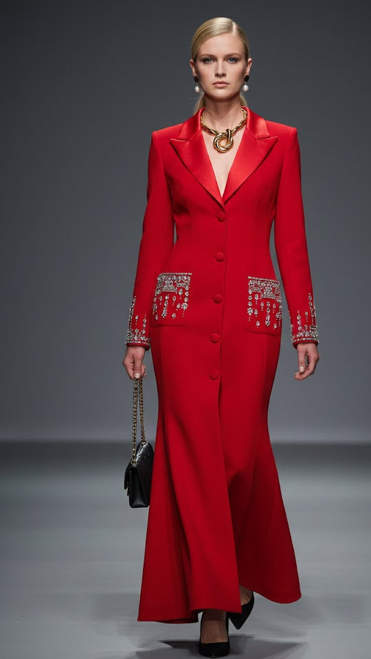 Model wearing a red outfit with intricate designs on a gray background