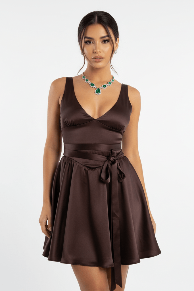 V Backless Satin Mini Dress by Luxe Lane | from Luxe Lane | SKU:  | Barcode:  | Options: Brown XS | V Backless Satin Mini Dress