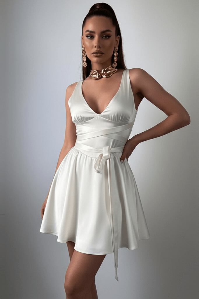 V Backless Satin Mini Dress by Luxe Lane | from Luxe Lane | SKU:  | Barcode:  | Options: White XS | V Backless Satin Mini Dress