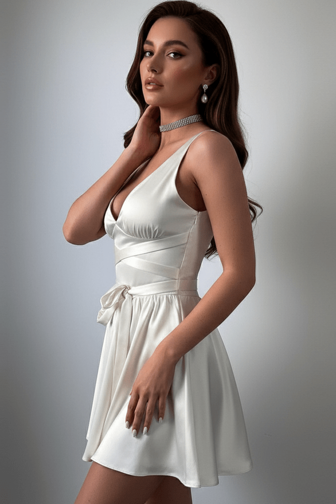V Backless Satin Mini Dress by Luxe Lane | from Luxe Lane | SKU:  | Barcode:  | Options: White XS | V Backless Satin Mini Dress
