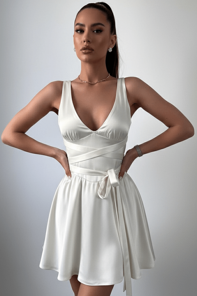 V Backless Satin Mini Dress by Luxe Lane | from Luxe Lane | SKU:  | Barcode:  | Options: White XS | V Backless Satin Mini Dress