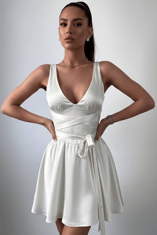 V Backless Satin Mini Dress by Luxe Lane | from Luxe Lane | SKU:  | Barcode:  | Options: White XS | V Backless Satin Mini Dress