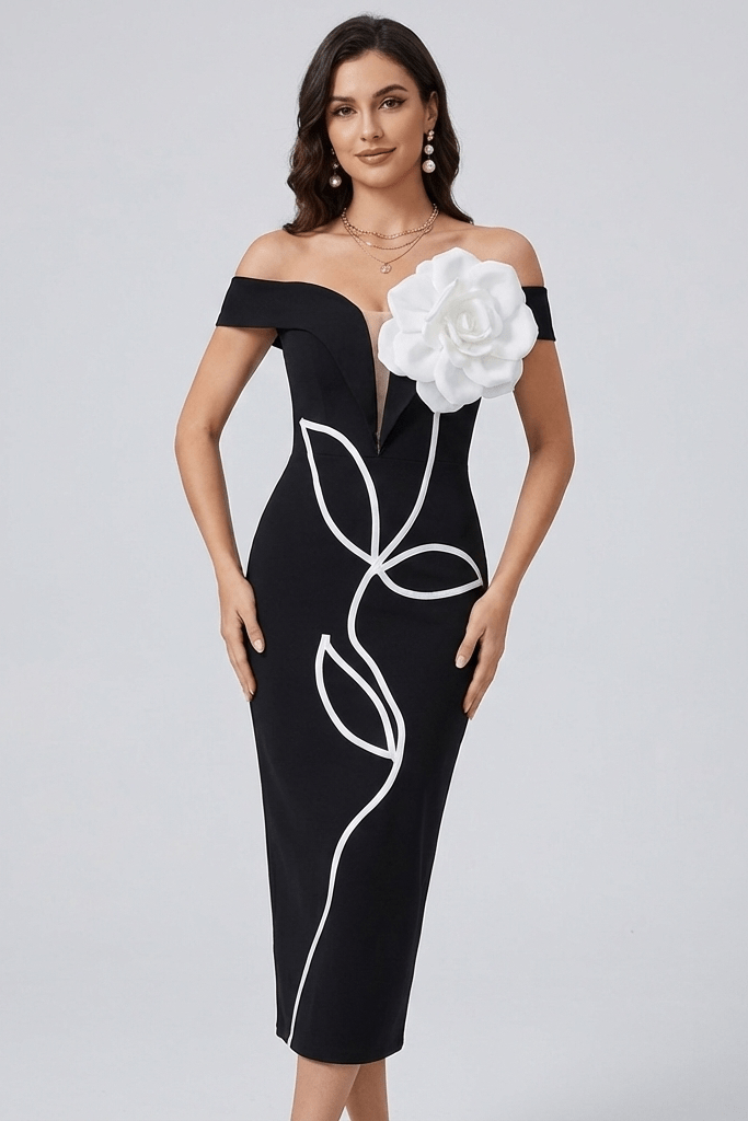 V - Neck Bandage Dress with Flower Detail by Shine | tea - length gown from Luxe Lane | SKU: -1 | Barcode:  | Options: Black S(6) | Black off - shoulder dress with white floral and leaf designs on a gray background