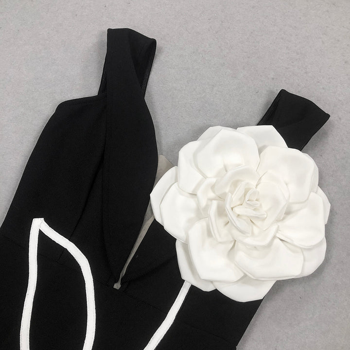 V - Neck Bandage Dress with Flower Detail by Shine | tea - length gown from Luxe Lane | SKU: -1 | Barcode:  | Options: Black S(6) | Wholesale Womens Clothing Manufacturer Fancy Party Club Dresses Ladies Women Vestido Bodycon Bandage Dress With 3D Big Flower