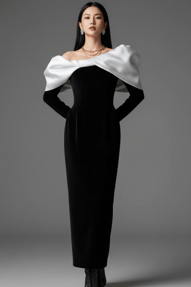 V - Neck Bow Detail Bodycon Maxi Dress by Luxe Lane | Dresses from Luxe Lane | SKU: -1 | Barcode:  | Options: Black XS | Woman wearing a black dress with a large white collar against a gray background