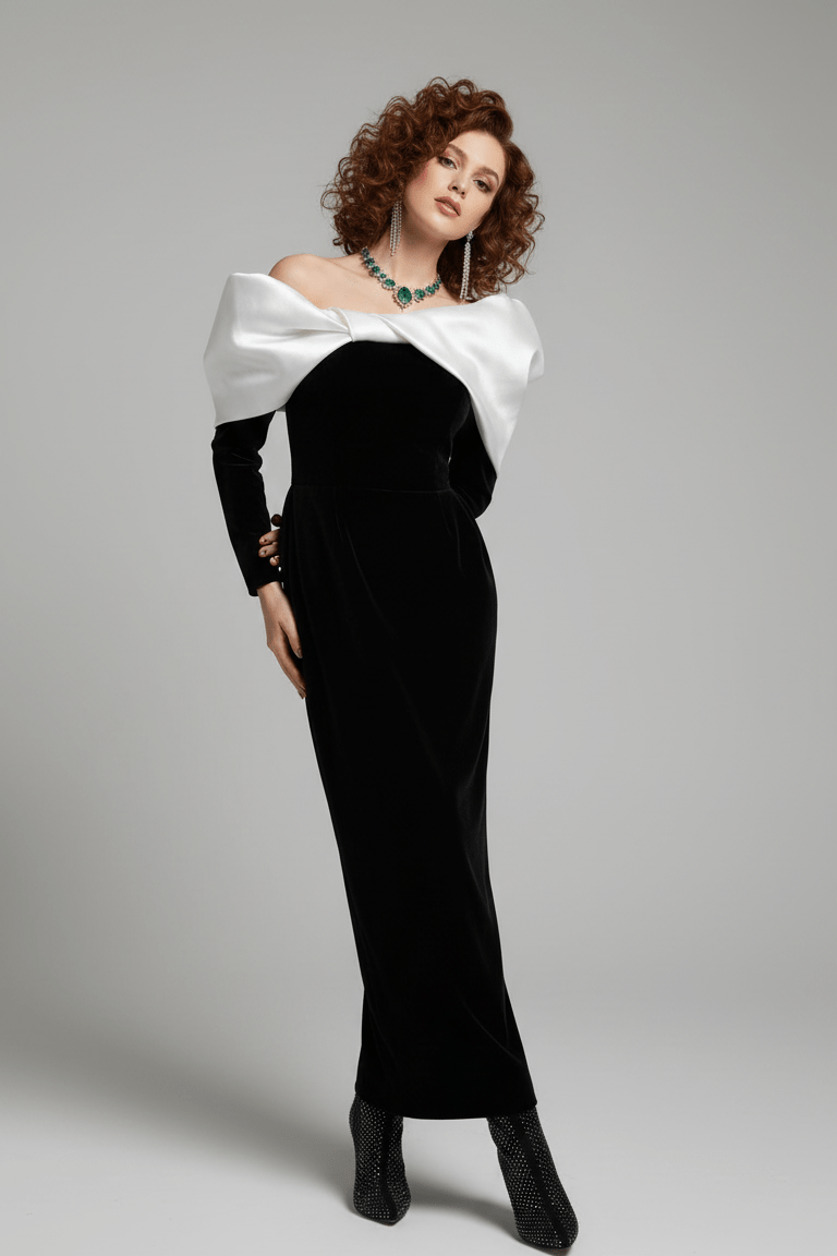 V - Neck Bow Detail Bodycon Maxi Dress by Luxe Lane | Dresses from Luxe Lane | SKU: -1 | Barcode:  | Options: Black XS | Woman wearing a black and white dress with a white blouse and black skirt on a gray background