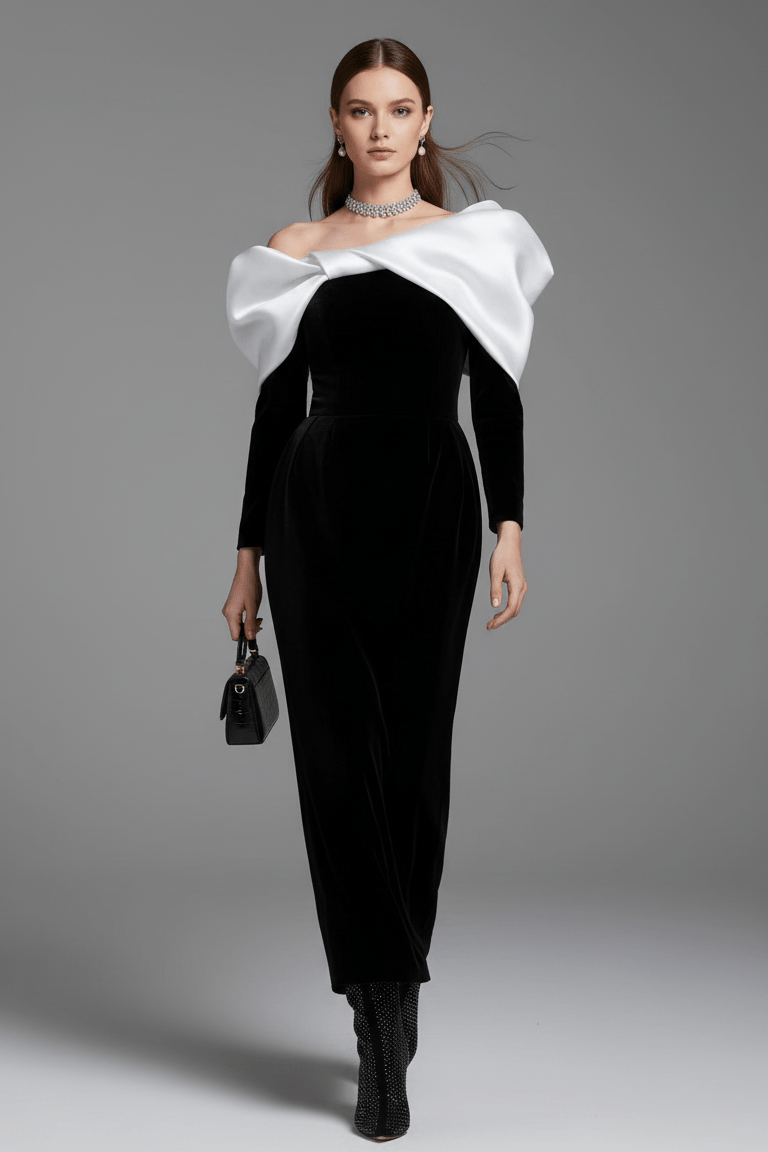 V - Neck Bow Detail Bodycon Maxi Dress by Luxe Lane | Dresses from Luxe Lane | SKU: -1 | Barcode:  | Options: Black XS | Woman wearing a black and white dress with a large bow on a gray background