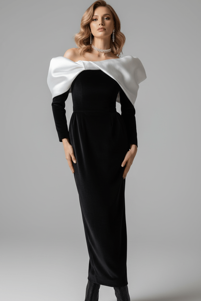 V - Neck Bow Detail Bodycon Maxi Dress by Luxe Lane | Dresses from Luxe Lane | SKU: -1 | Barcode:  | Options: Black XS | Woman wearing a black and white dress with a large bow on a gray background