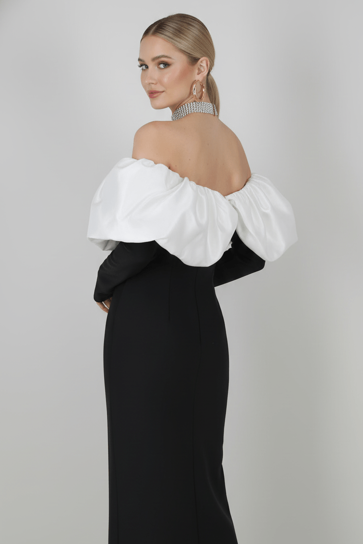 V - Neck Bow Detail Bodycon Maxi Dress by Luxe Lane | Dresses from Luxe Lane | SKU: -1 | Barcode:  | Options: Black XS | Black and white off - shoulder evening gown on a gray background
