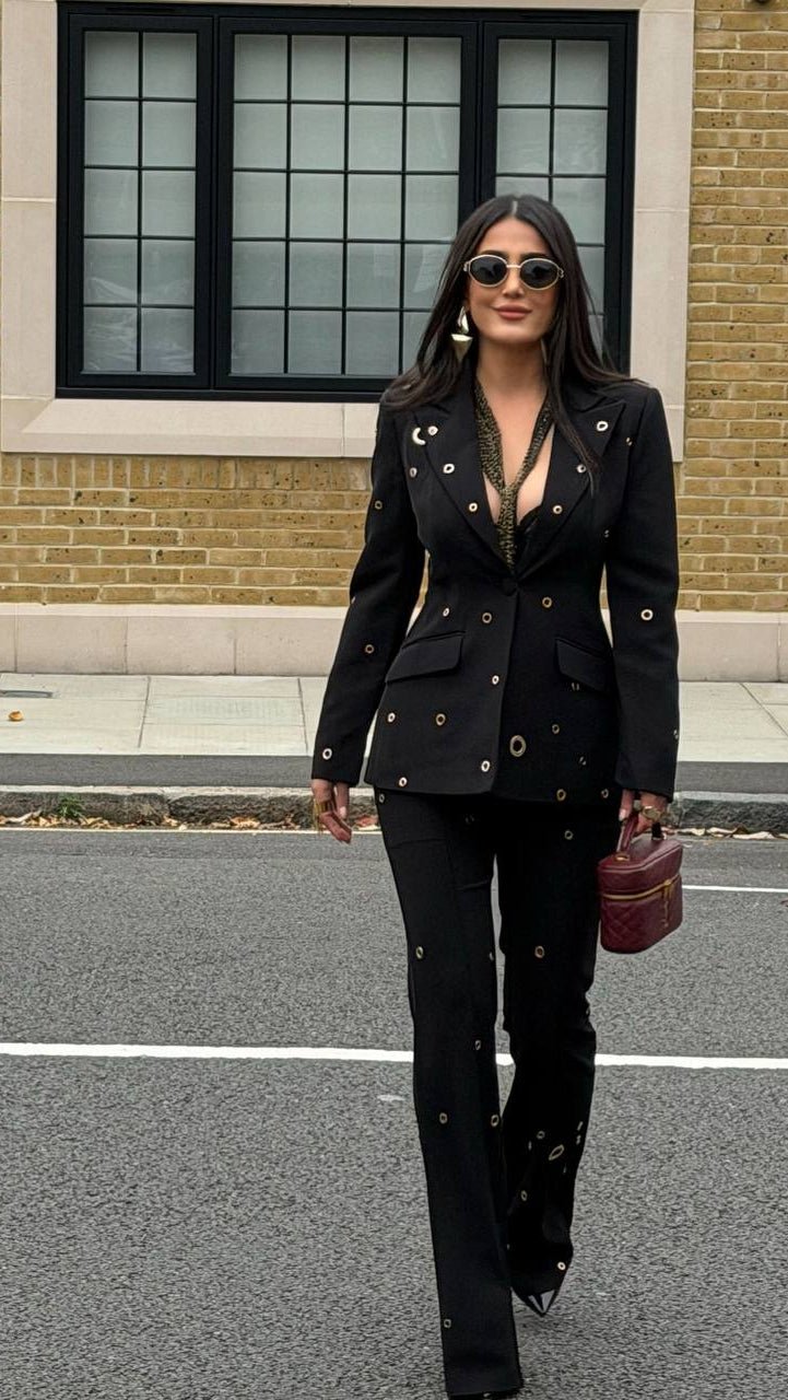 V - Neck Button Blazer Two - Piece Formal SetBlackSLuxe Lane