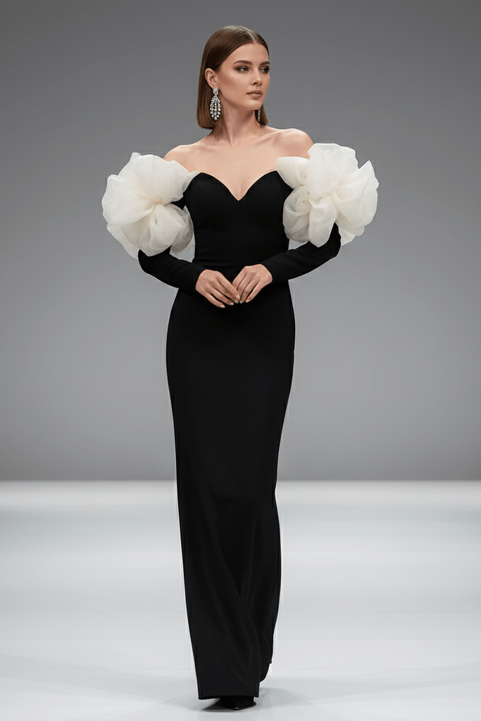 V - Neck Floral Bandage Evening Dress by Shine | Maxi Standard from Luxe Lane | SKU:  | Barcode:  | Options: Black M(8) | V - Neck Floral Bandage Evening Dress