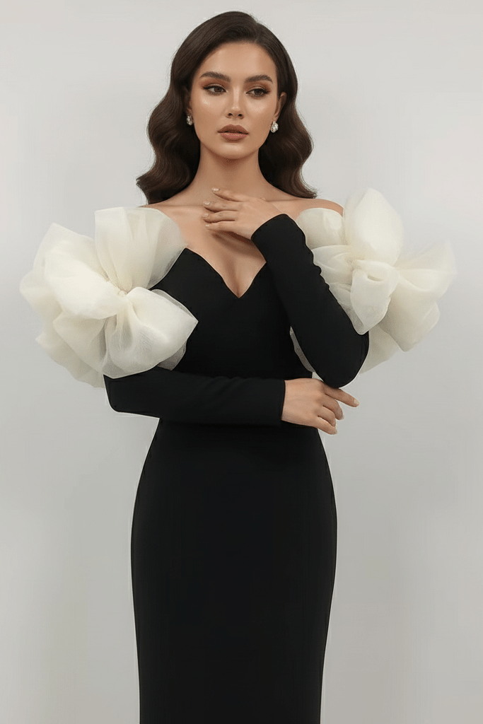 V - Neck Floral Bandage Evening Dress by Shine | Maxi Standard from Luxe Lane | SKU:  | Barcode:  | Options: Black M(8) | V - Neck Floral Bandage Evening Dress