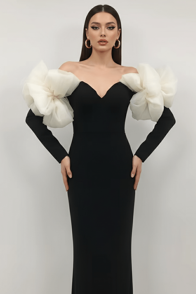 V - Neck Floral Bandage Evening Dress by Shine | Maxi Standard from Luxe Lane | SKU:  | Barcode:  | Options: Black M(8) | V - Neck Floral Bandage Evening Dress