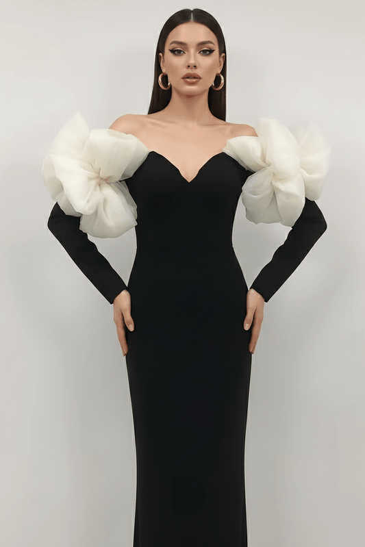 V - Neck Floral Bandage Evening Dress by Shine | Maxi Standard from Luxe Lane | SKU:  | Barcode:  | Options: Black M(8) | V - Neck Floral Bandage Evening Dress