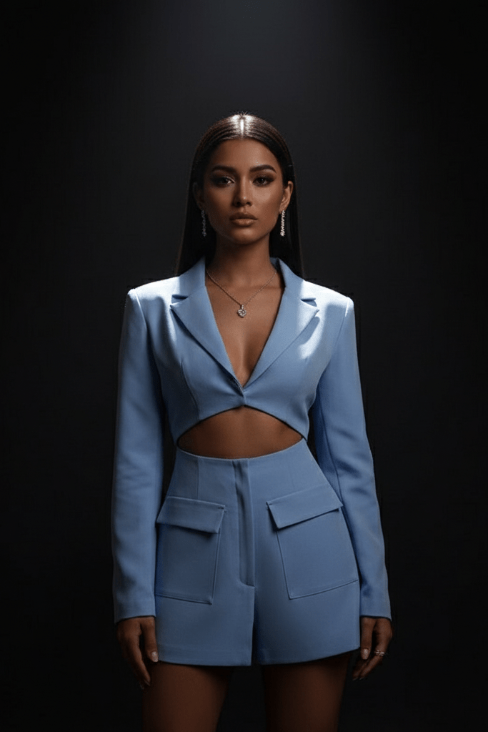 V - Neck Long Sleeve Blazer Mini Dress by shine | from Luxe Lane | SKU: -1 | Barcode:  | Options: Sky Blue XS(4) | V - Neck Long Sleeve Blazer Mini Dress