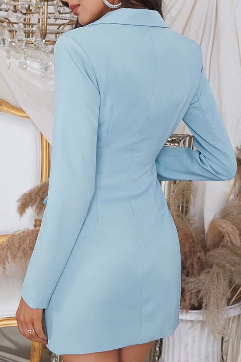 V - Neck Long Sleeve Blazer Mini Dress by shine | from Luxe Lane | SKU: -1 | Barcode:  | Options: Sky Blue XS(4) | Fashion Sky Blue Long Sleeve Womans Blazer Dresses Casual V Neck Mini Hollow Out Dress