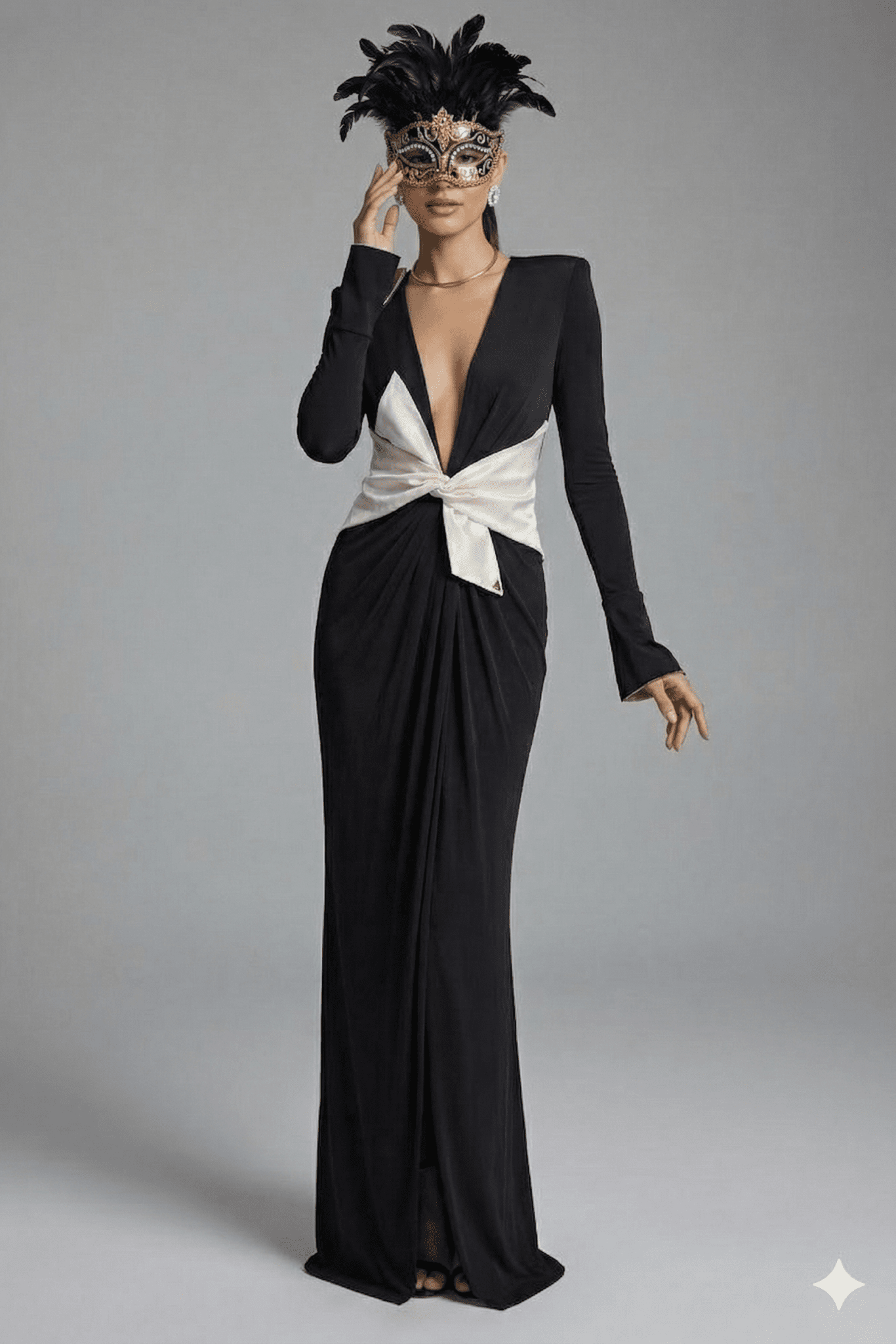 V - Neck Pearl Bow Asymmetrical Maxi Evening Dress by Luxe Lane | Dresses from Luxe Lane | SKU: 1688169-1 | Barcode:  | Options: Black S(6) | Woman wearing a black and white evening gown with a mask on a gray background