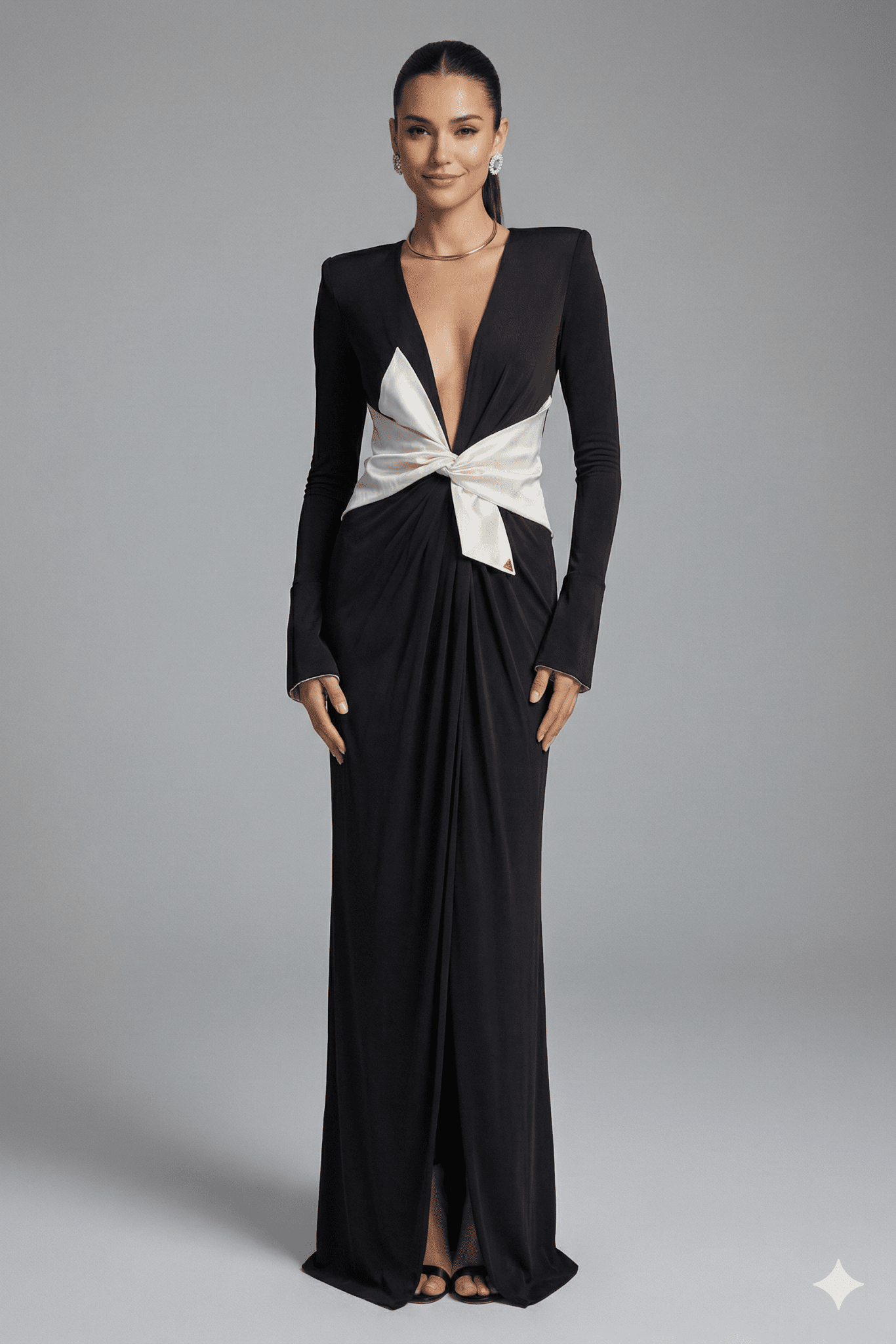 V - Neck Pearl Bow Asymmetrical Maxi Evening Dress by Luxe Lane | Dresses from Luxe Lane | SKU: 1688169-1 | Barcode:  | Options: Black S(6) | Woman wearing a black evening gown with a white bow on a gray background