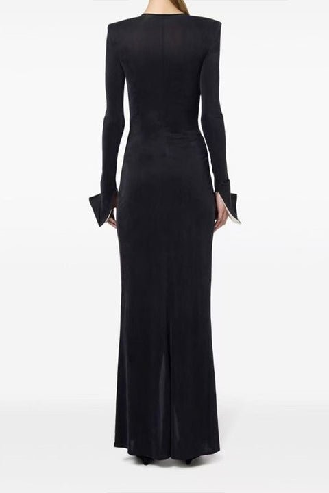 V - Neck Pearl Bow Asymmetrical Maxi Evening Dress by Luxe Lane | Dresses from Luxe Lane | SKU: 1688169-1 | Barcode:  | Options: Black S(6) | 2024 New Women Lady Elegant Slit Club Dresses Long Sleeves Splicing Bow V - Neck Maxi Dress