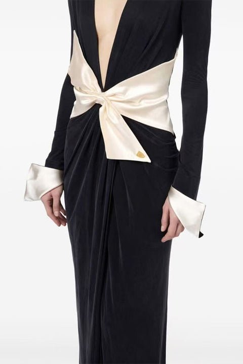 V - Neck Pearl Bow Asymmetrical Maxi Evening Dress by Luxe Lane | Dresses from Luxe Lane | SKU: 1688169-1 | Barcode:  | Options: Black S(6) | 2024 New Women Lady Elegant Slit Club Dresses Long Sleeves Splicing Bow V - Neck Maxi Dress