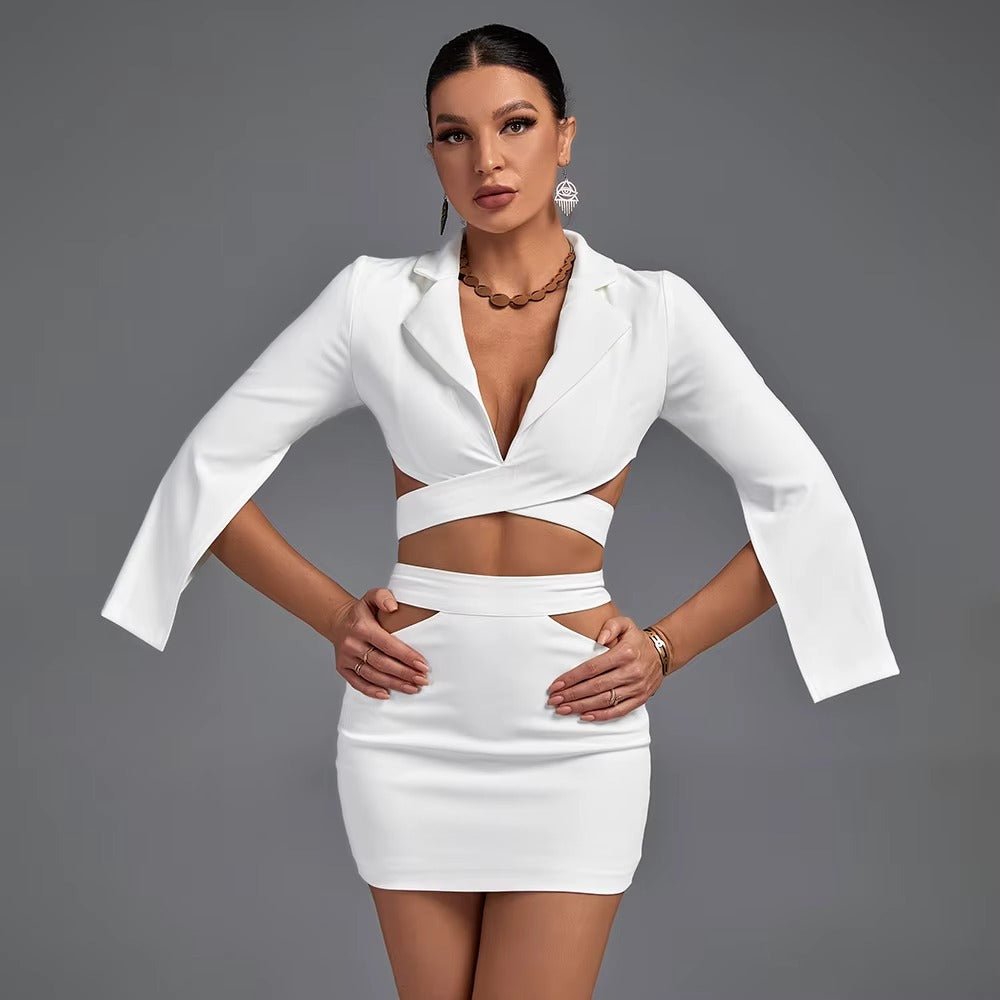 V - Neck White Women's Blazer Set by Luxe Lane | from Luxe Lane | SKU:  | Barcode:  | Options: White XS | V - Neck White Women's Blazer Set