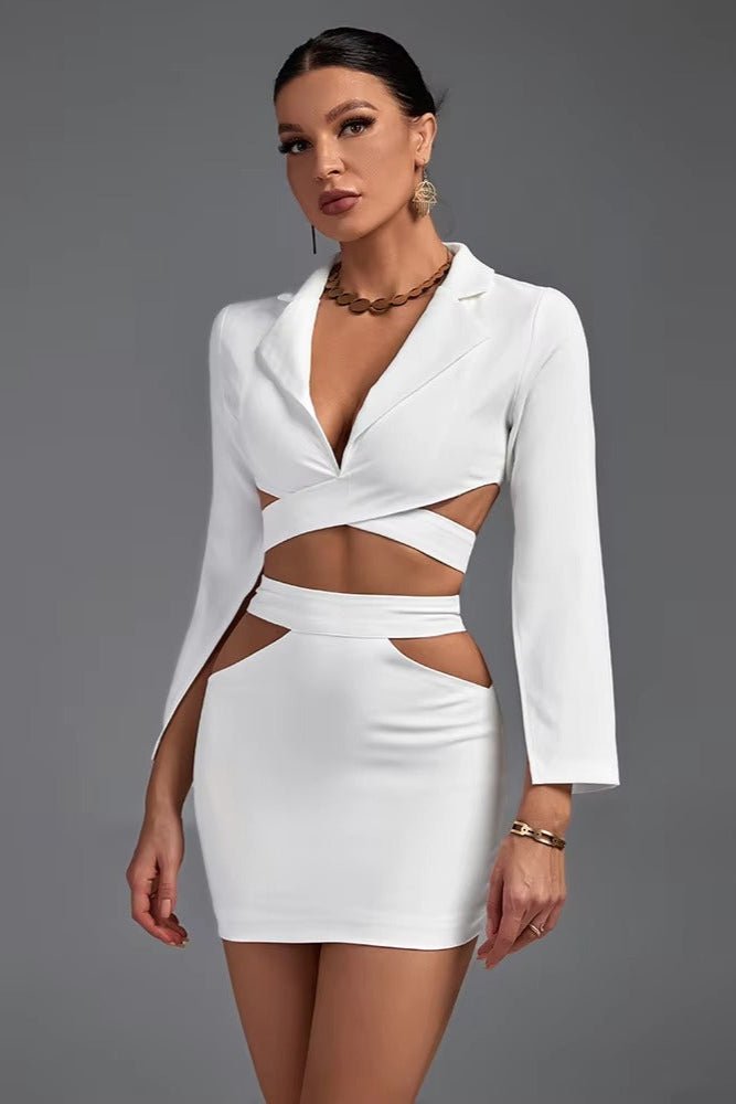 V - Neck White Women's Blazer Set by Luxe Lane | from Luxe Lane | SKU:  | Barcode:  | Options: White XS | V - Neck White Women's Blazer Set