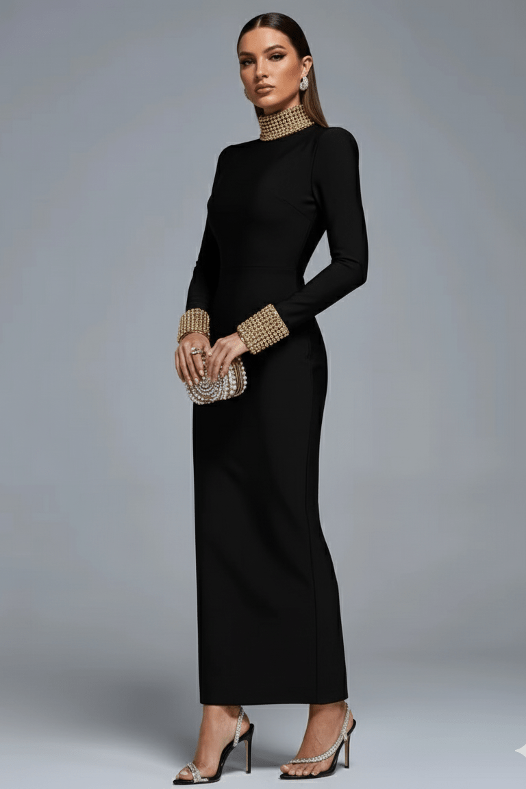 Valencia Beaded Backless Gown by Luxe Lane | from Luxe Lane | SKU:  | Barcode:  | Options: black S | Valencia Beaded Backless Gown