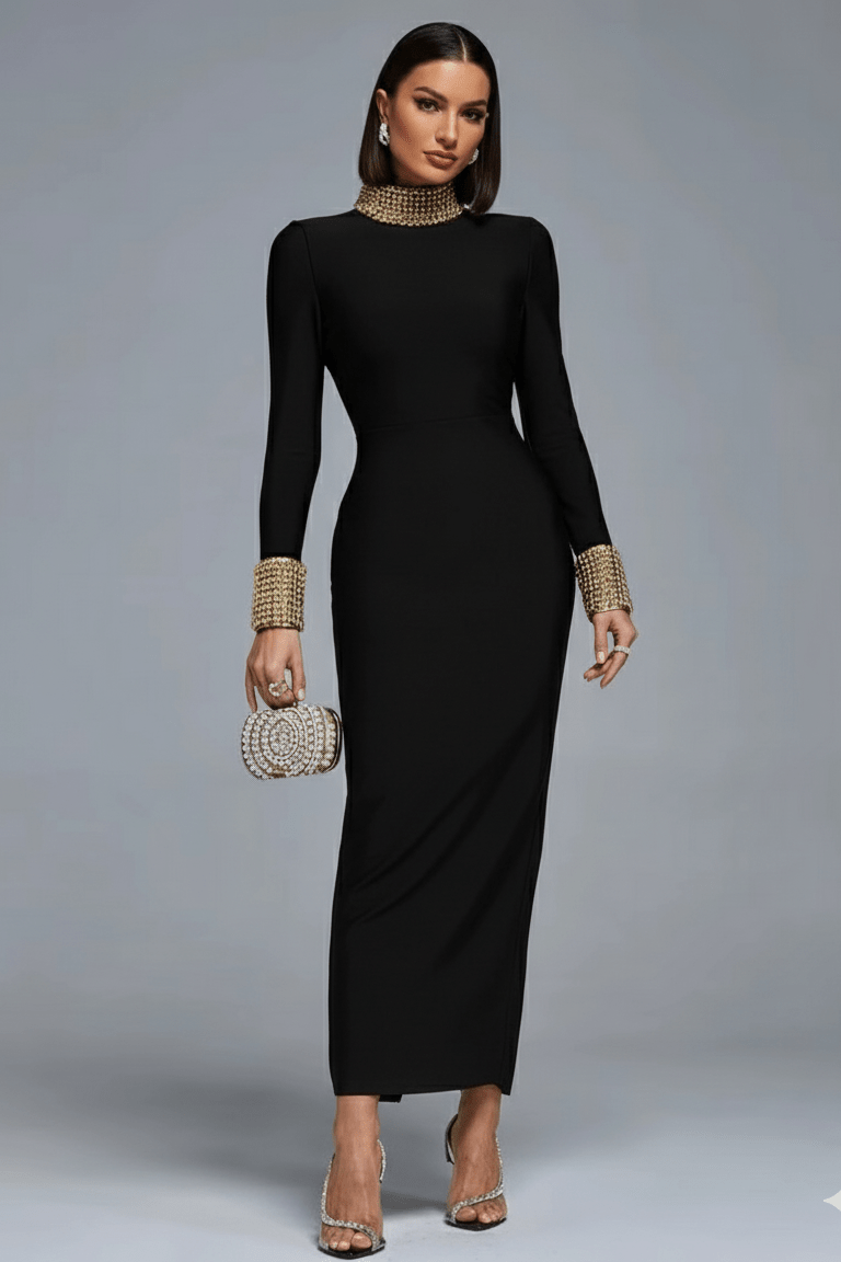 Valencia Beaded Backless Gown by Luxe Lane | from Luxe Lane | SKU:  | Barcode:  | Options: black S | Valencia Beaded Backless Gown
