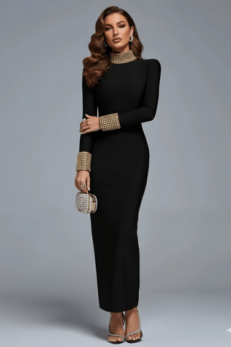 Valencia Beaded Backless Gown by Luxe Lane | from Luxe Lane | SKU:  | Barcode:  | Options: black S | Valencia Beaded Backless Gown