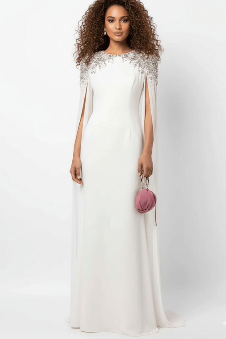 Valencia Beaded Cape Sleeve Evening Gown by none | a - line gown from Luxe Lane | SKU:  | Barcode:  | Options: White S(6) | Woman wearing a white dress with lace details on a white background