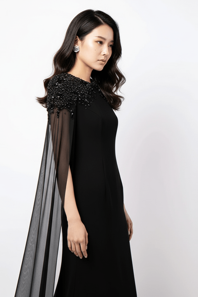 Valencia Beaded Cape Sleeve Evening Gown by none | a - line gown from Luxe Lane | SKU:  | Barcode:  | Options: White S(6) | Valencia Beaded Cape Sleeve Evening Gown