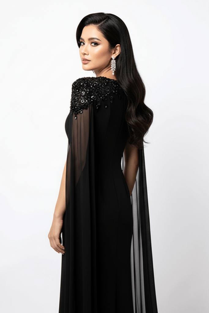 Valencia Beaded Cape Sleeve Evening Gown by none | a - line gown from Luxe Lane | SKU:  | Barcode:  | Options: White S(6) | Valencia Beaded Cape Sleeve Evening Gown