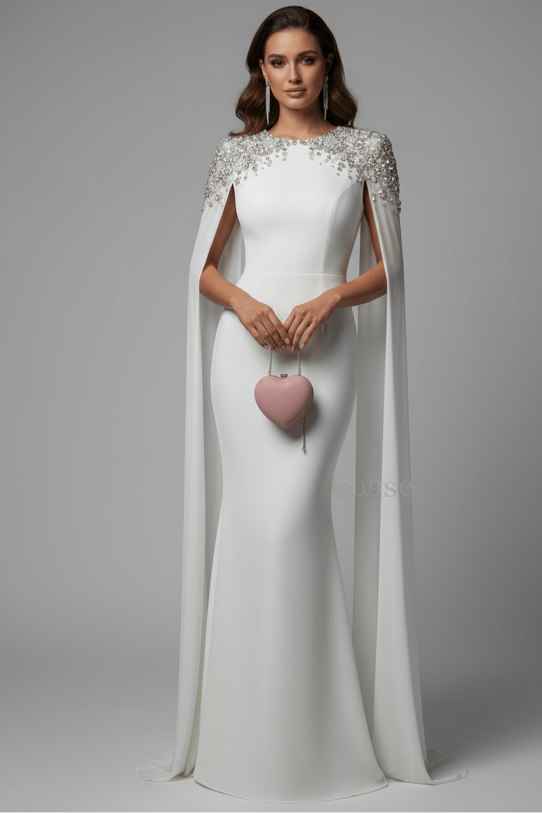 Valencia Beaded Cape Sleeve Evening Gown by none | a - line gown from Luxe Lane | SKU:  | Barcode:  | Options: White S(6) | Valencia Beaded Cape Sleeve Evening Gown