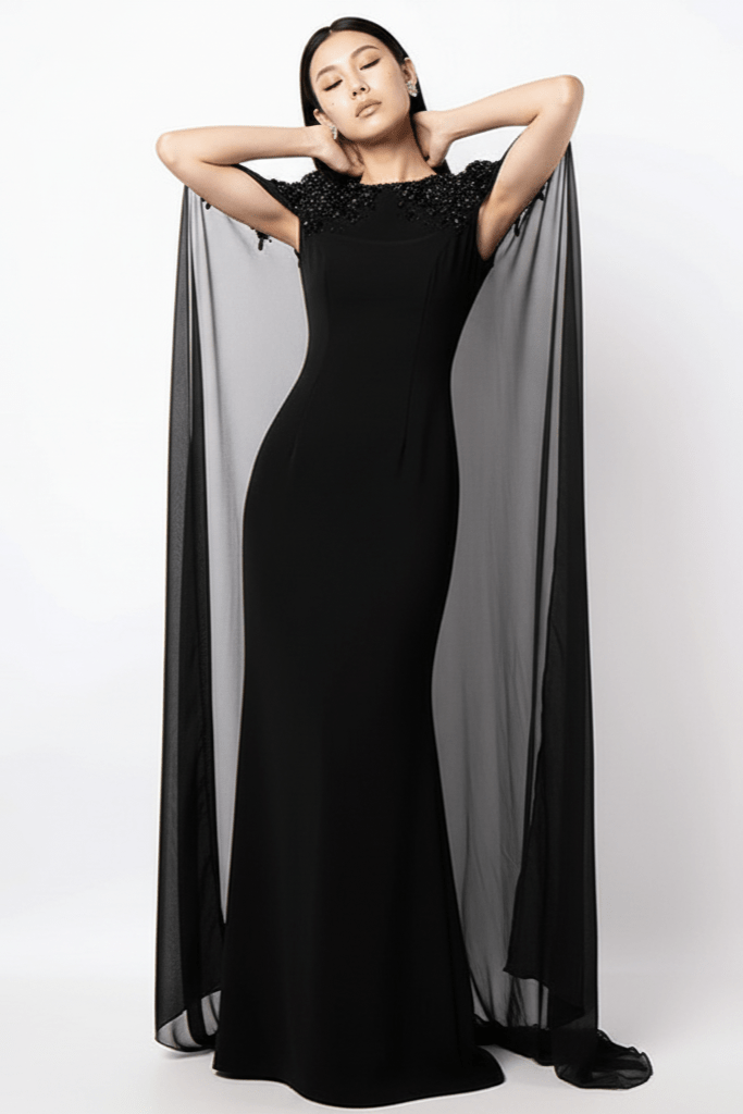 Valencia Beaded Cape Sleeve Evening Gown by none | a - line gown from Luxe Lane | SKU:  | Barcode:  | Options: White S(6) | Valencia Beaded Cape Sleeve Evening Gown