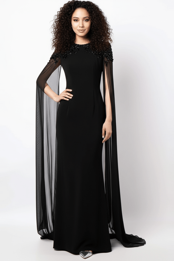 Valencia Beaded Cape Sleeve Evening Gown by none | a - line gown from Luxe Lane | SKU:  | Barcode:  | Options: White S(6) | Valencia Beaded Cape Sleeve Evening Gown