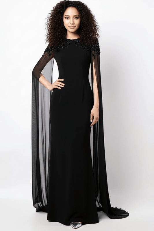 Valencia Beaded Cape Sleeve Evening Gown by none | a - line gown from Luxe Lane | SKU:  | Barcode:  | Options: White S(6) | Valencia Beaded Cape Sleeve Evening Gown