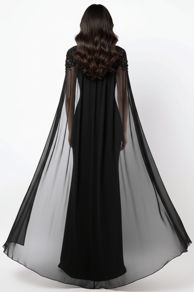 Valencia Beaded Cape Sleeve Evening Gown by none | a - line gown from Luxe Lane | SKU:  | Barcode:  | Options: White S(6) | Valencia Beaded Cape Sleeve Evening Gown