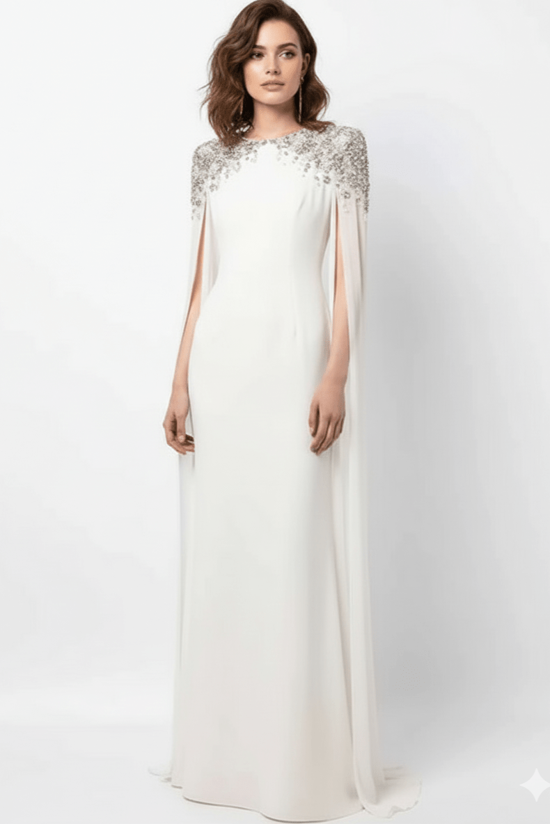 Valencia Beaded Cape Sleeve Evening Gown by none | a - line gown from Luxe Lane | SKU:  | Barcode:  | Options: White S(6) | Valencia Beaded Cape Sleeve Evening Gown