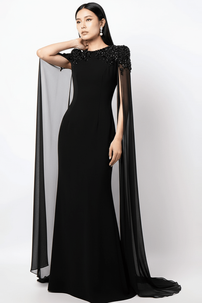 Valencia Beaded Cape Sleeve Evening Gown by none | a - line gown from Luxe Lane | SKU:  | Barcode:  | Options: White S(6) | Valencia Beaded Cape Sleeve Evening Gown