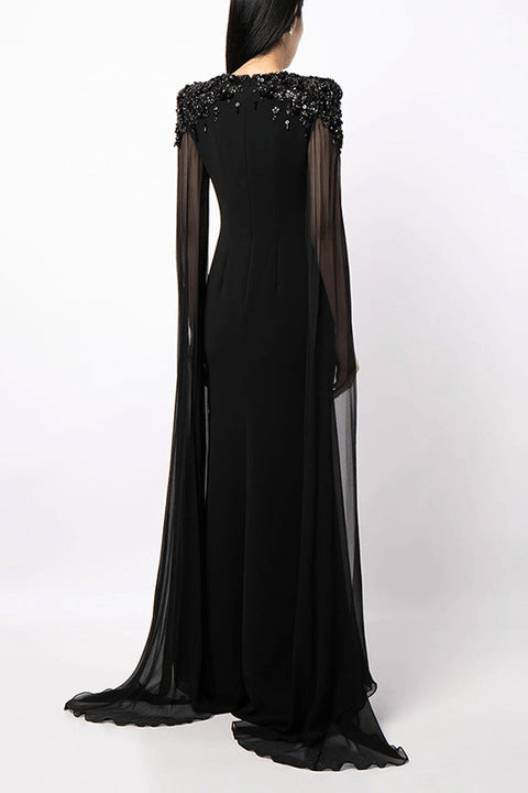 Valencia Beaded Cape Sleeve Evening Gown by none | a - line gown from Luxe Lane | SKU:  | Barcode:  | Options: White S(6) | Wholesale Boutique Clothing Luxury Black Beaded Cape Sleeve Maxi Evening Dresses Elegant Floor Length Formal Dress Party Gown