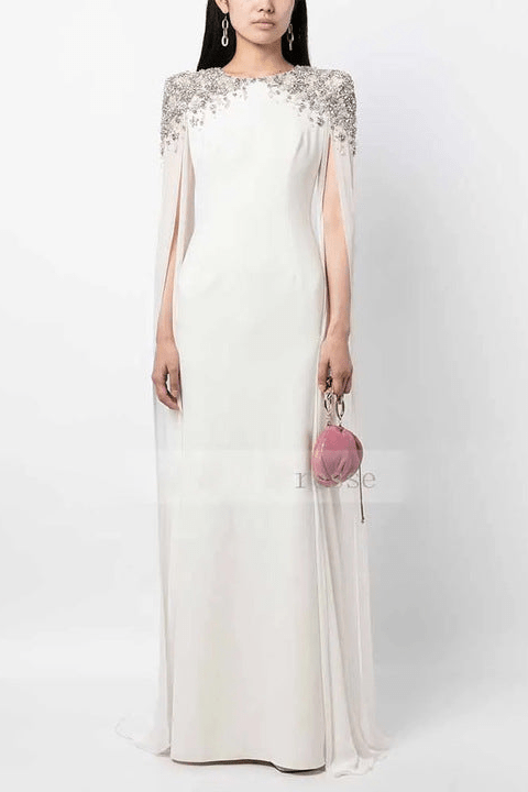 Valencia Beaded Cape Sleeve Evening Gown by none | a - line gown from Luxe Lane | SKU:  | Barcode:  | Options: White S(6) | Wholesale Boutique Clothing Luxury Black Beaded Cape Sleeve Maxi Evening Dresses Elegant Floor Length Formal Dress Party Gown