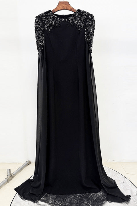Valencia Beaded Cape Sleeve Evening Gown by none | a - line gown from Luxe Lane | SKU:  | Barcode:  | Options: White S(6) | Wholesale Boutique Clothing Luxury Black Beaded Cape Sleeve Maxi Evening Dresses Elegant Floor Length Formal Dress Party Gown