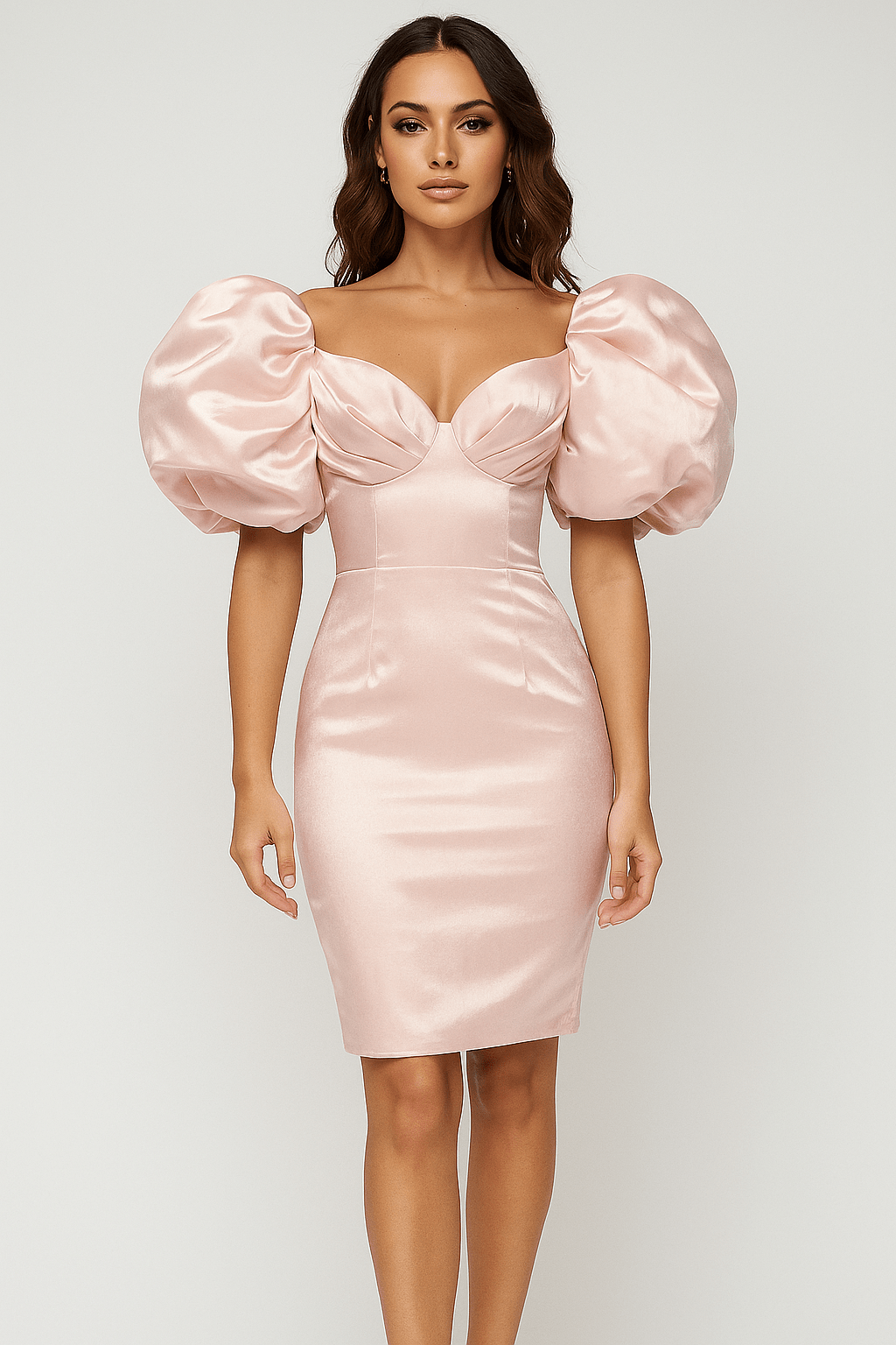 Valencia Hubble - Bubble Sleeve Midi Dress by Luxe Lane | from Luxe Lane | SKU:  | Barcode:  | Options: White XS | Pink satin dress with puff sleeves on a white background